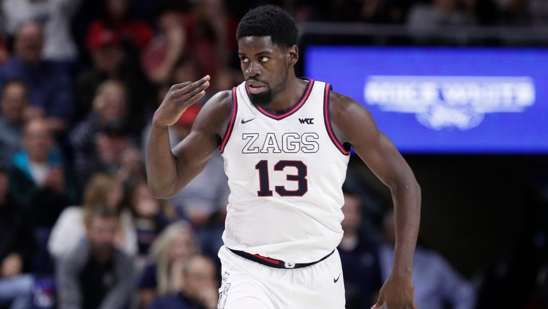 Gonzaga forward Graham Ike (13) celebrates his 3-point basket during the first half of an NCAA college basketball game against Long Beach State, Wednesday, Nov. 20, 2024, in Spokane, Wash.