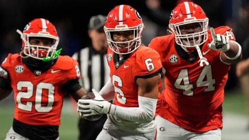 Georgia defensive back Daylen Everette (6) celebrates his interception Texas during the second half of the Southeastern Conference championship NCAA college football game, Saturday, Dec. 7, 2024, in Atlanta.