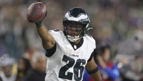 Philadelphia Eagles running back Saquon Barkley (26) reacts after a run against the Los Angeles Rams during the second half of an NFL football game in Inglewood, Calif., Sunday, Nov. 24, 2024.