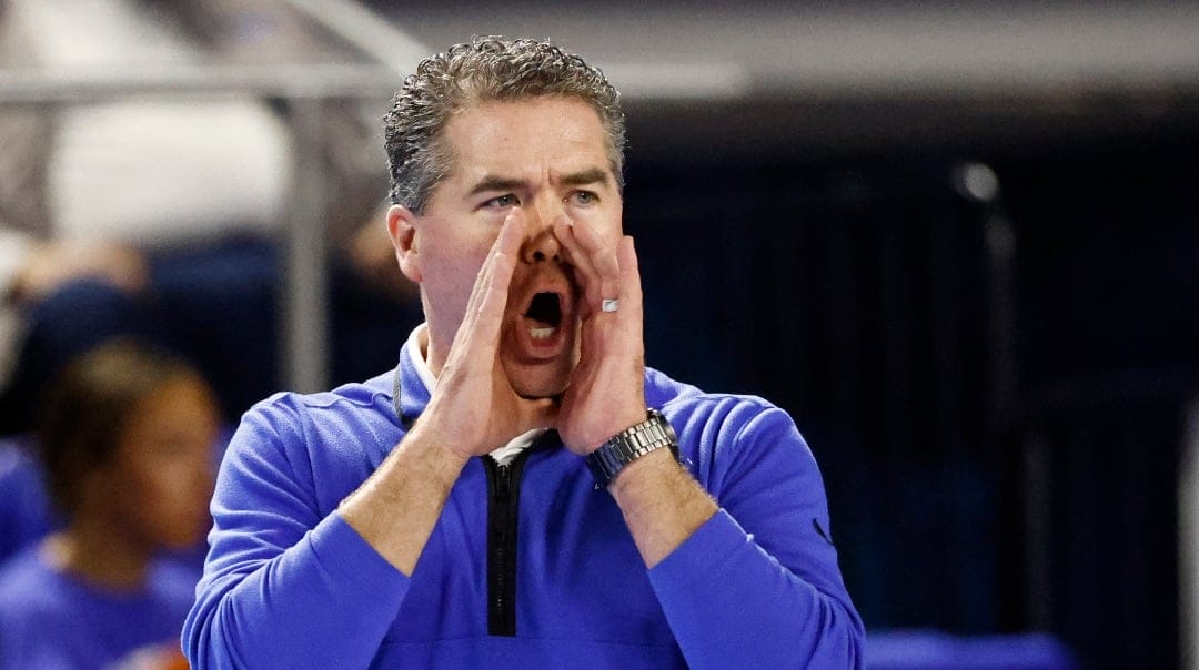 Middle Tennessee head coach Nick McDevitt yells to his players during the second half of an NCAA college basketball game against Florida Atlantic, Thursday, Feb. 16, 2023, in Murfreesboro, Tenn. (AP Photo/Wade Payne)