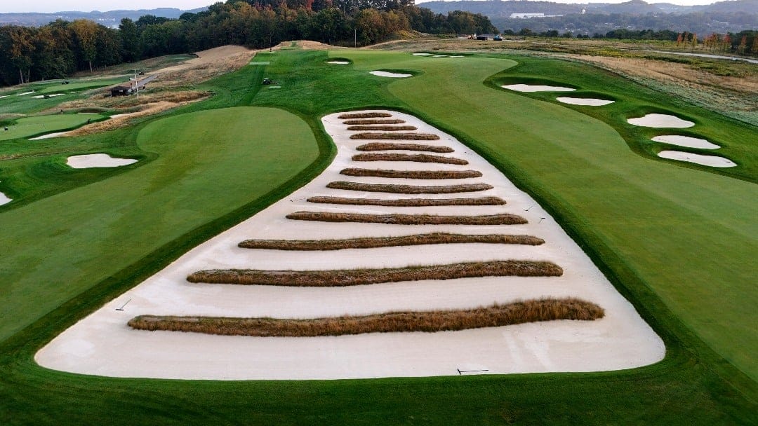 This is the Church Pews bunker between the third fairway, right, and fourth fairway, left, at Oakmont Country Club, in Oakmont, Pa., on Monday, Sept. 16, 2024. Oakmont will host the U.S. Open from the 10th time in 2025. (AP Photo/Gene J. Puskar)