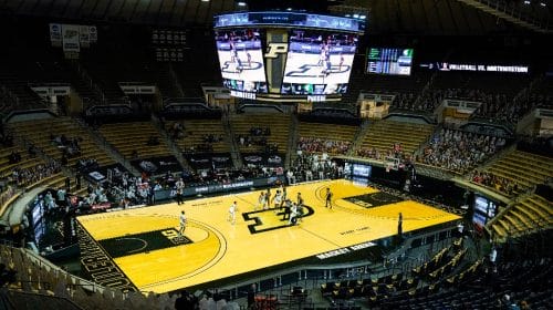 In this photo taken on Tuesday, Feb. 16, 2021, Purdue plays against Michigan State at Mackey Arena during the first half of an NCAA college basketball game in West Lafayette, Ind. Mackey Arena is one of six venues hosting NCAA Tournament games later this week.