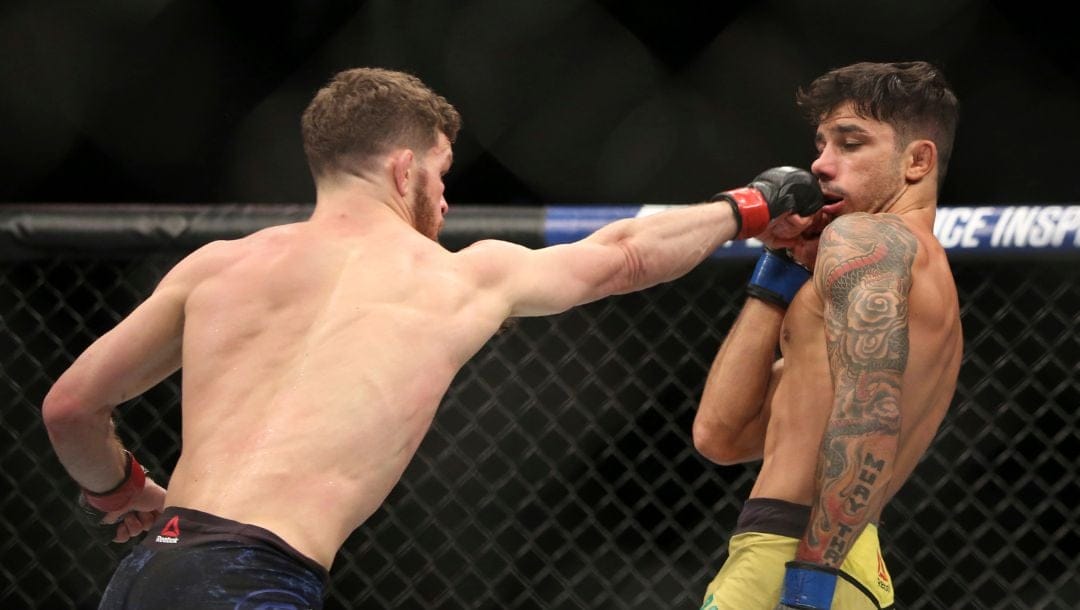 Dustin Ortiz, left, lands a right on Alexandre Pantoja during a mixed martial arts bout at UFC 220, Saturday, January 20, 2018.