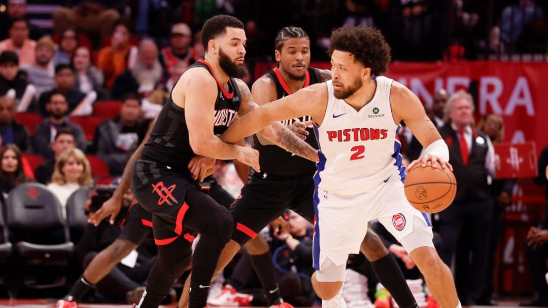 HOUSTON, TEXAS - JANUARY 20: Fred VanVleet #5 of the Houston Rockets defends Cade Cunningham #2 of the Detroit Pistons in the second half at Toyota Center on January 20, 2025 in Houston, Texas. NOTE TO USER: User expressly acknowledges and agrees that, by downloading and/or using this photograph, user is consenting to the terms and conditions of the Getty Images License Agreement.