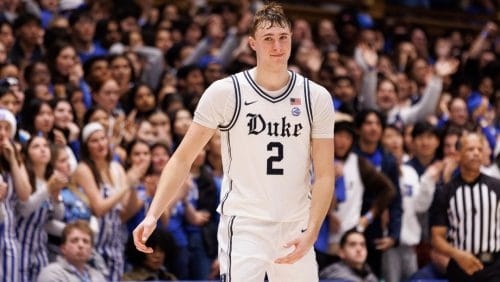 Duke's Cooper Flagg (2) smiles late in the second half of an NCAA college basketball game against Notre Dame, Saturday, Jan. 11, 2025, in Durham, N.C.