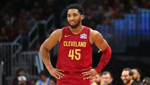 CLEVELAND, OHIO - JANUARY 05: Donovan Mitchell #45 of the Cleveland Cavaliers smiles during the third quarter against the Charlotte Hornets at Rocket Mortgage Fieldhouse on January 05, 2025 in Cleveland, Ohio. The Cavaliers defeated the Hornets 115-105. NOTE TO USER: User expressly acknowledges and agrees that, by downloading and or using this photograph, User is consenting to the terms and conditions of the Getty Images License Agreement.