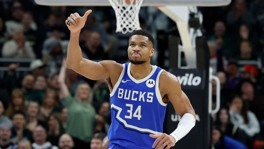 MILWAUKEE, WISCONSIN - JANUARY 17: Giannis Antetokounmpo #34 of the Milwaukee Bucks reacts after a dunk during the first half of the game against the Toronto Raptors at Fiserv Forum on January 17, 2025 in Milwaukee, Wisconsin. NOTE TO USER: User expressly acknowledges and agrees that, by downloading and or using this photograph, User is consenting to the terms and conditions of the Getty Images License Agreement.