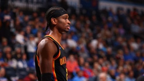 OKLAHOMA CITY, OK - JANUARY 19: Shai Gilgeous-Alexander #2 of the Oklahoma City Thunder looks on during the game against the Brooklyn Nets on January 19, 2025 at Paycom Center in Oklahoma City, Oklahoma. NOTE TO USER: User expressly acknowledges and agrees that, by downloading and or using this photograph, User is consenting to the terms and conditions of the Getty Images License Agreement. Mandatory Copyright Notice: Copyright 2025 NBAE