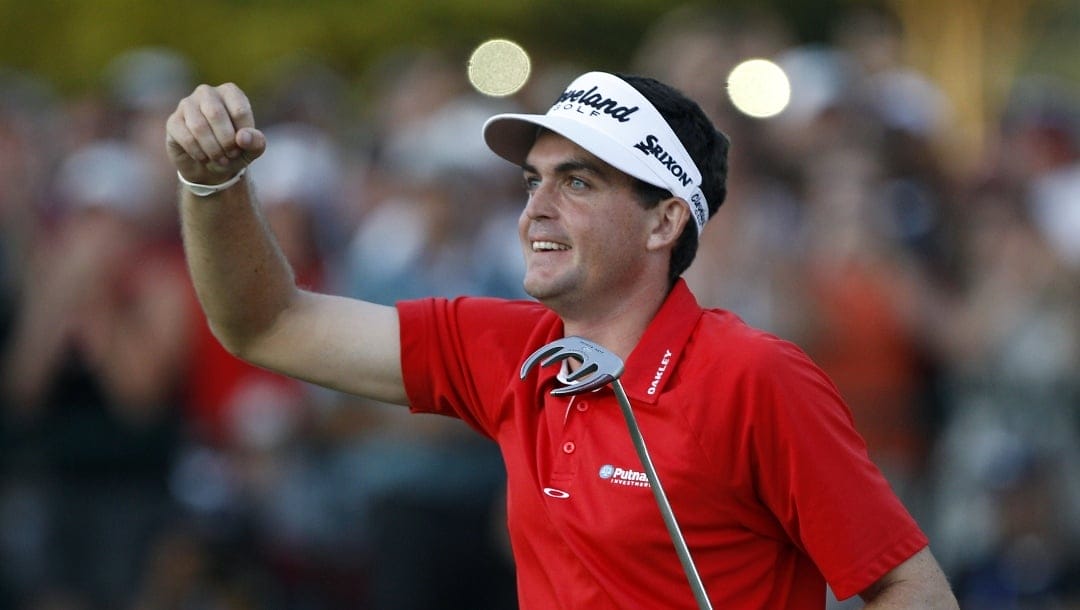 Keegan Bradley is seen on the green after making his final putt on the 18th hole and winning the tournament after a three-hole playoff at the PGA Championship golf tournament Sunday, Aug. 14, 2011, at the Atlanta Athletic Club in Johns Creek, Ga.