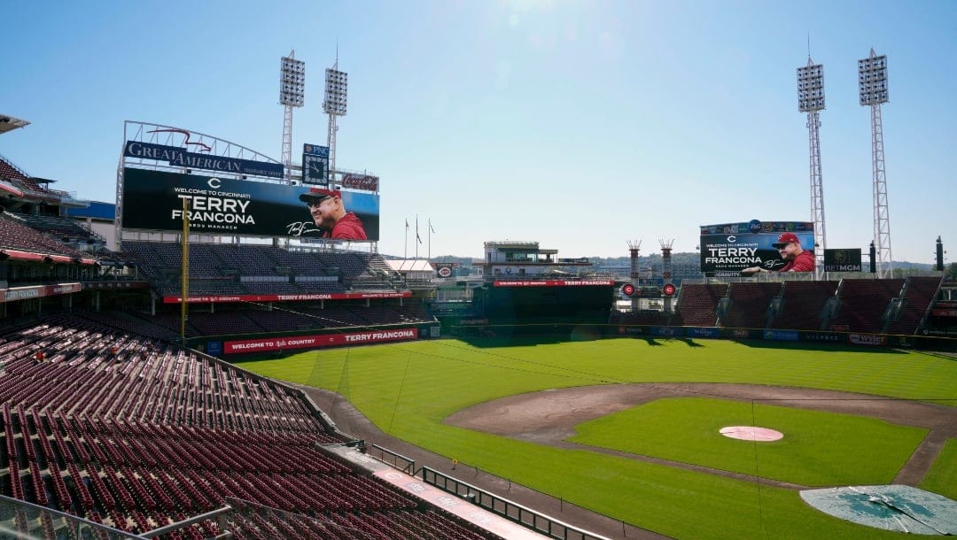 Digital boards welcomes new Cincinnati Reds manager Terry Francona at Great American Ball Park Monday, Oct. 7, 2024, in Cincinnati.