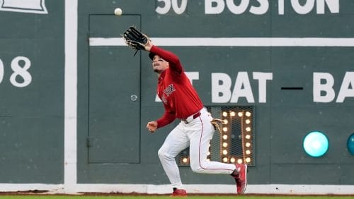 Boston Red Sox's Jleft fielder Jarren Duran makes the catch on the line out by Minnesota Twins' Willi Castro during the second inning of the second game of a baseball doubleheader, Sunday, Sept. 22, 2024, in Boston.