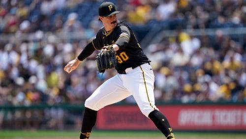 Pittsburgh Pirates starting pitcher Paul Skenes delivers during the first inning of a baseball game against the Arizona Diamondbacks Sunday, Aug. 4, 2024, in Pittsburgh.