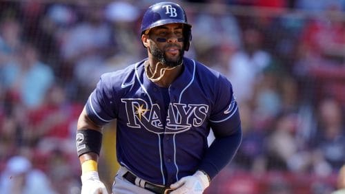 Tampa Bay Rays' Yandy Diaz (2) runs toward first base in the third inning of a baseball game abasing the Boston Red Sox, Sunday, Aug. 28, 2022, in Boston.