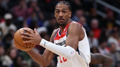 Alexandre Sarr #20 of the Washington Wizards in action against the Minnesota Timberwolves during the second half at Capital One Arena on January 13, 2025 in Washington, DC.