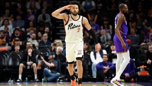 Cade Cunningham #2 of the Detroit Pistons reacts after scoring a three-point shot during the second half of the NBA game against the Phoenix Suns at Footprint Center on December 21, 2024 in Phoenix, Arizona.