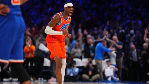 Shai Gilgeous-Alexander #2 of the Oklahoma City Thunder celebrates during the game against the New York Knicks on January 3, 2025 at Paycom Center in Oklahoma City, Oklahoma.