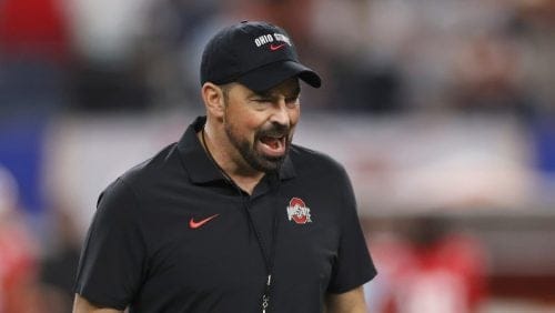 Ohio State head coach Ryan Day walks on the field before the Cotton Bowl College Football Playoff semifinal game against Texas, Friday, Jan. 10, 2025, in Arlington, Texas.