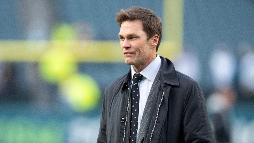 Former NFL player and Fox NFL host Tom Brady looks on prior to the NFL football game between the Pittsburgh Steelers and the Philadelphia Eagles, Sunday, Dec. 15, 2024, in Philadelphia.