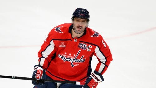 Washington Capitals left wing Alex Ovechkin (8) in action during the third period of an NHL hockey game against the Anaheim Ducks, Tuesday, Jan. 14, 2025, in Washington. The Capitals won 3-0.