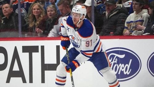 Edmonton Oilers center Connor McDavid (97) in the first period of an NHL hockey game Thursday, Jan. 16, 2025, in Denver.