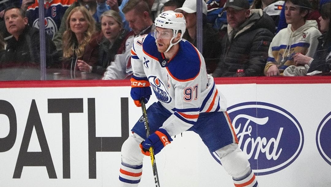 Edmonton Oilers center Connor McDavid (97) in the first period of an NHL hockey game Thursday, Jan. 16, 2025, in Denver.