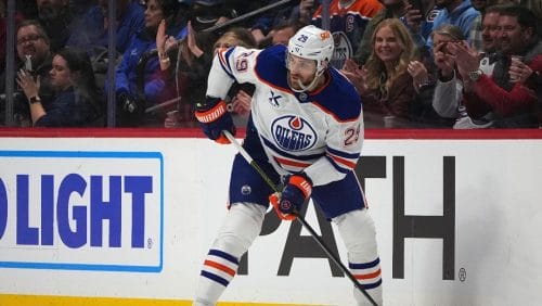 Edmonton Oilers center Leon Draisaitl (29) in the first period of an NHL hockey game Thursday, Jan. 16, 2025, in Denver.