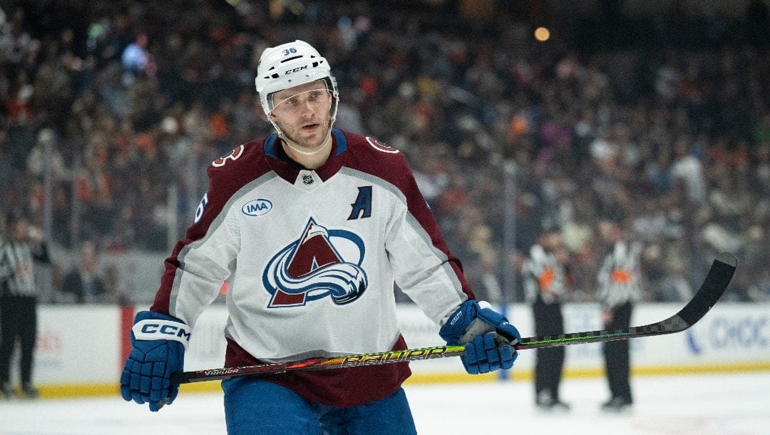 Colorado Avalanche right wing Mikko Rantanen (96) skates on the ice during an NHL hockey game against the Anaheim Ducks, Friday, Dec. 20, 2024, in Anaheim, Calif.