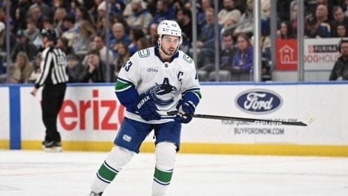 Vancouver Canucks' Quinn Hughes (43) in action against the St. Louis Blues during the second period of an NHL hockey game Monday, Jan. 27, 2025, in St. Louis.