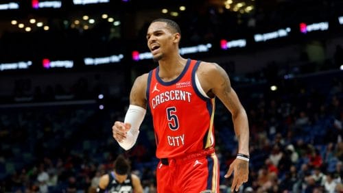 NEW ORLEANS, LOUISIANA - JANUARY 20: Dejounte Murray #5 of the New Orleans Pelicans reacts to a call during the second half of a game against the Utah Jazz at Smoothie King Center on January 20, 2025 in New Orleans, Louisiana. NOTE TO USER: User expressly acknowledges and agrees that, by downloading and or using this photograph, User is consenting to the terms and conditions of the Getty Images License Agreement.