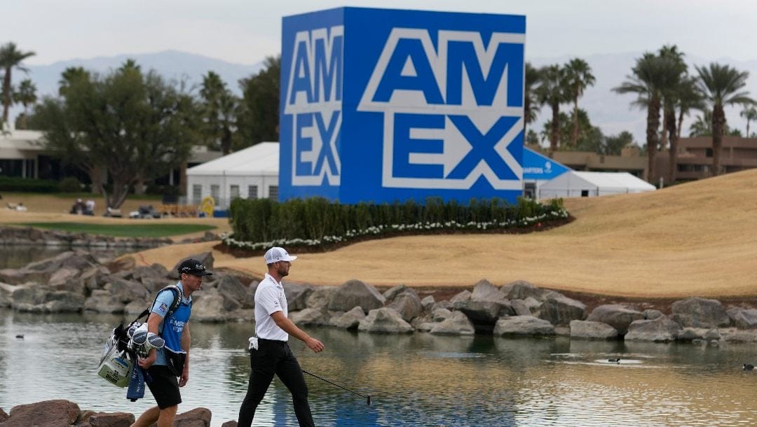 Sam Burns walks along the 18th fairway on the Pete Dye Stadium Course at PGA West during the third round of The American Express golf tournament Saturday, Jan. 20, 2024, in La Quinta, Calif.