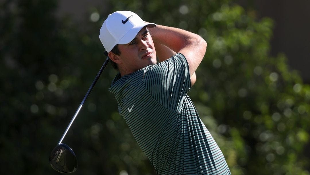 Davis Thompson hits off the tee on the third hole during the final round of the Shriners Children's Open golf tournament, Sunday, Oct. 20, 2024, in Las Vegas.