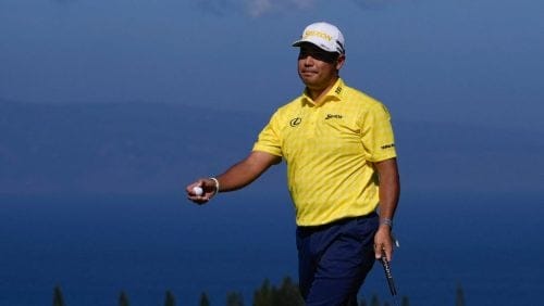 Hideki Matsuyama, of Japan, reacts after missing birdie on the fourth green during the final round of The Sentry golf event, Sunday, Jan. 5, 2025, at Kapalua Plantation Course in Kapalua, Hawaii.