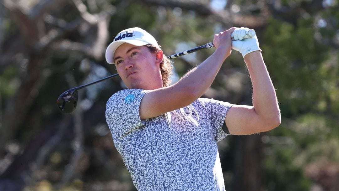 Maverick McNealy drives from the second tee during the final final round of the RSM Classic golf tournament, Sunday, Nov. 24, 2024, in St. Simons Island, Ga.