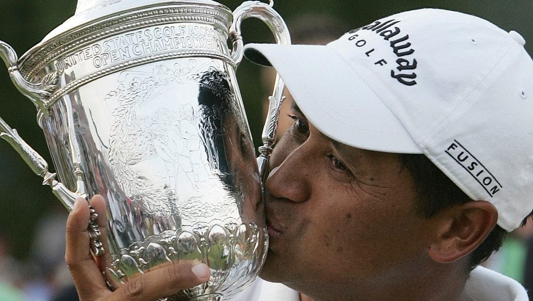 In this June 19, 2005, file photo, Michael Campbell, of New Zealand, kisses the US Open trophy after winning the 105th US Open Championship golf tournament at the Pinehurst Resort and Country Club's No. 2 course in Pinehurst, N.C.