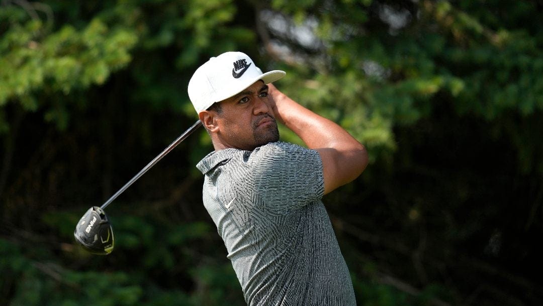 Tony Finau watches his tee shot on the second hole during the third round of the 3M Open golf tournament at the Tournament Players Club, Saturday, July 27, 2024, in Blaine, Minn.