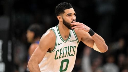 BOSTON, MASSACHUSETTS - JANUARY 17: Jayson Tatum #0 of the Boston Celtics reacts after making a three-point basket against the Orlando Magic during the first quarter at the TD Garden on January 17, 2025 in Boston, Massachusetts. NOTE TO USER: User expressly acknowledges and agrees that, by downloading and or using this photograph, User is consenting to the terms and conditions of the Getty Images License Agreement.