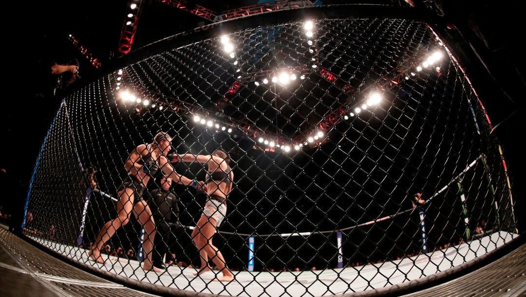 Felice Herrig, left, punches Karolina Kowalkiewicz during the third round of a women's strawweight mixed martial arts bout.