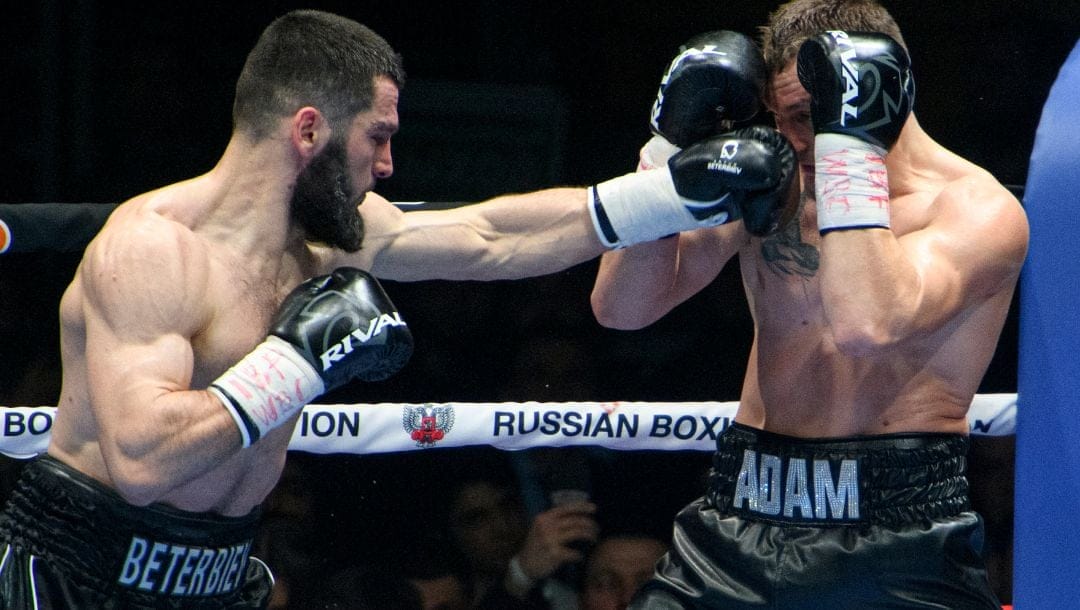 Russia's Artur Beterbiev, left, hits Germany's Adam Deines during the WBC and IBF light heavyweight title boxing match.