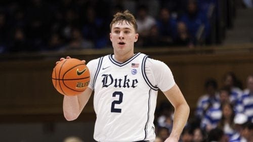 Duke's Cooper Flagg (2) handles the ball during an NCAA college basketball game against Notre Dame in Durham, N.C., Saturday, Jan. 11, 2025.