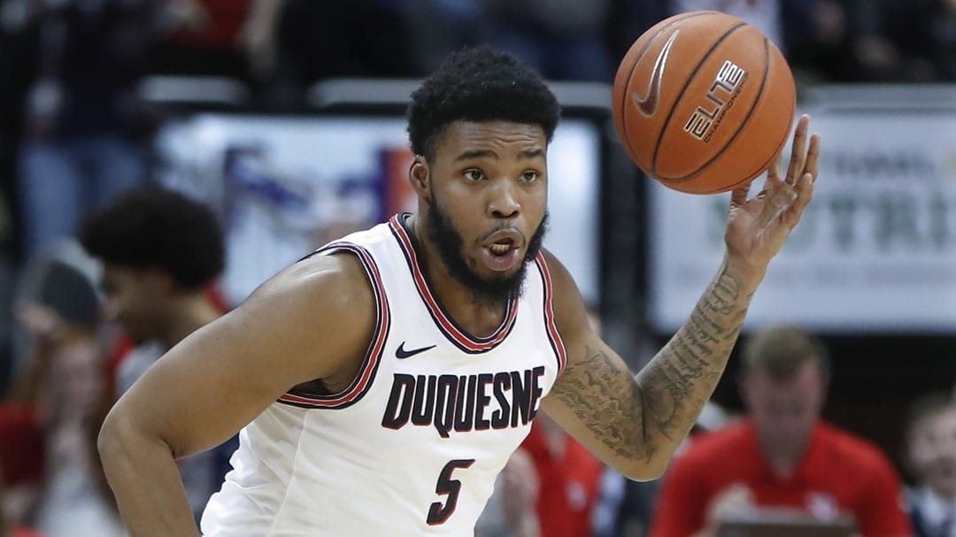 Duquesne's Marcus Weathers (5) plays against Dayton in an NCAA college basketball game, Wednesday, Jan. 29, 2020, in Pittsburgh.