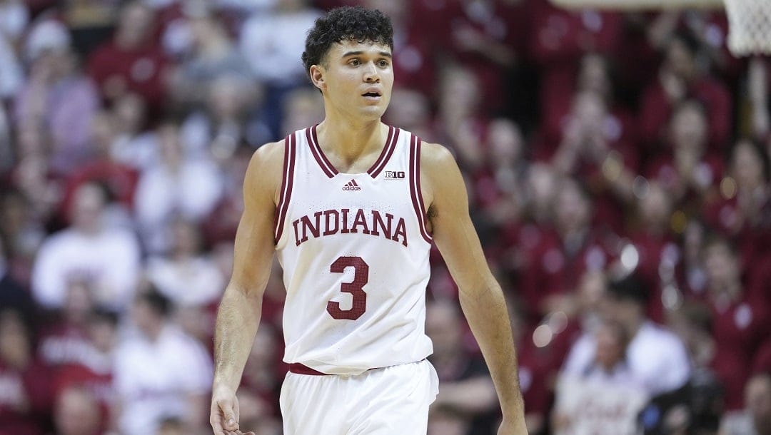 Indiana's Anthony Leal looks toward the bench during the second half of an NCAA college basketball game against Michigan, Saturday, Feb. 8, 2025, in Bloomington, Ind.