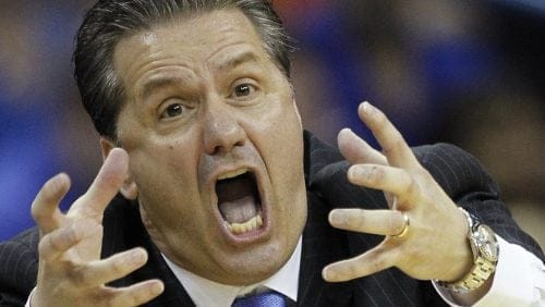 Kentucky head coach John Calipari yells instructions during the first half of an NCAA college basketball game against LSU in the second round of the 2012 Southeastern Conference tournament at the New Orleans Arena in New Orleans, Friday, March 9, 2012. Calipari is stepping down as Kentucky's men's basketball coach after 15 years, saying Tuesday, April 9, 2024, on social media that the “program probably needs to hear another voice” amid reports that he's closing in on a deal with Arkansas to take over that Southeastern Conference program.