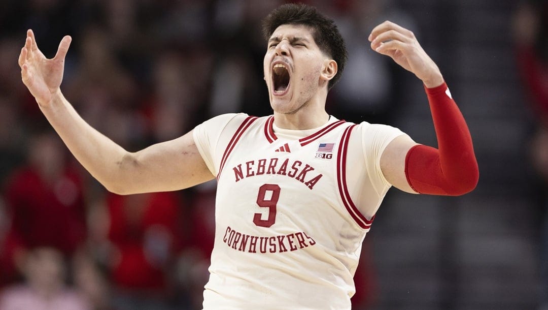 Nebraska's Berke Büyüktuncel (9) celebrates after making a three point shot against Illinois during the second half of an NCAA college basketball game Thursday, Jan. 30, 2025, in Lincoln, Neb.