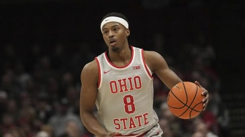 Ohio State guard Micah Parrish (8) in the first half of an NCAA college basketball game against Michigan State, Friday, Jan. 3, 2025, in Columbus, Ohio.