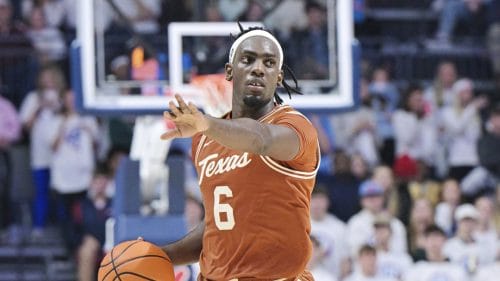 Texas forward Arthur Kaluma (6) dribbles against Mississippi during the second half of an NCAA college basketball game in Oxford, Miss., Wednesday, Jan. 29, 2025.