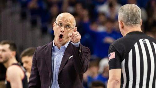 UConn head coach Dan Hurley motions to an official during the first half of an NCAA college basketball game, Tuesday, Feb. 11, 2025, in Omaha, Neb. (AP Photo/Bonnie Ryan)