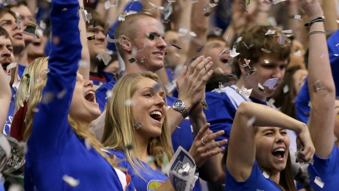 during the first half of an NCAA college basketball game Saturday, Dec. 8, 2012, in Lawrence, Kan. (AP Photo/Charlie Riedel)