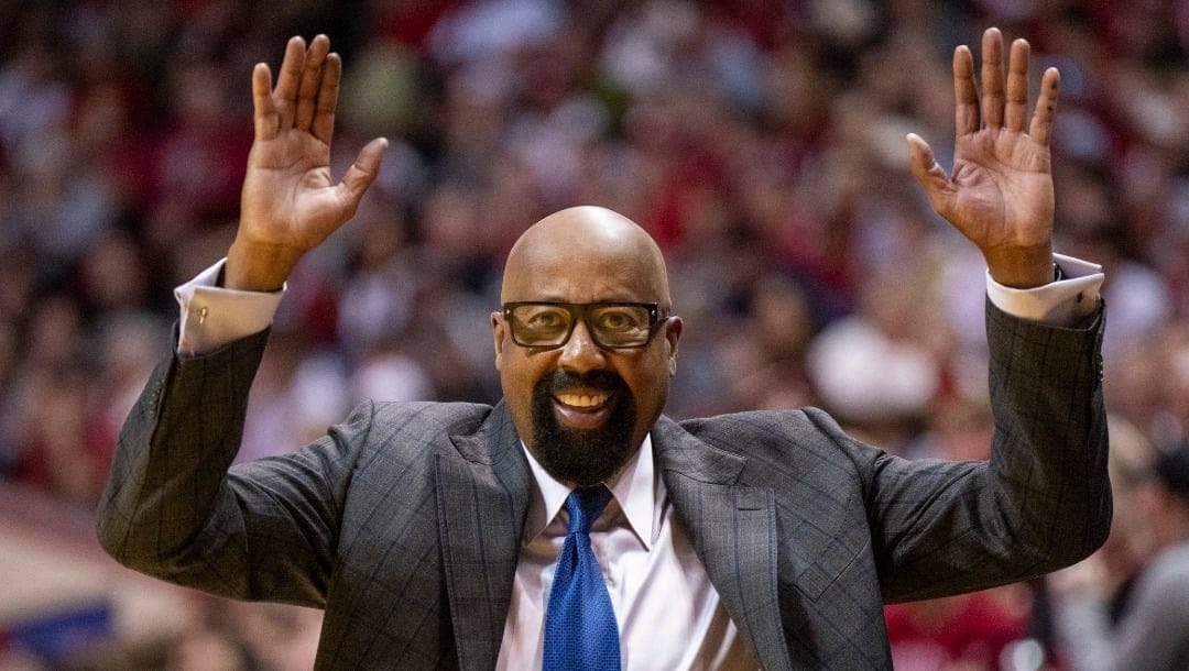 Indiana head coach Mike Woodson gestures toward an official during the second half of an NCAA college basketball game against Purdue, Sunday, Feb. 23, 2025, in Bloomington, Ind. (AP Photo/Doug McSchooler)