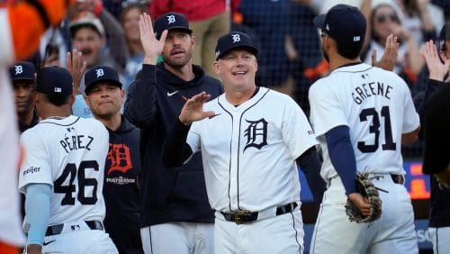 Detroit Tigers manager A.J. Hinch, center, celebrates with Riley Greene (31) after game Game 3 of a baseball American League Division Series against the Cleveland Guardians, Wednesday, Oct. 9, 2024, in Detroit. The Tigers won 3-0.