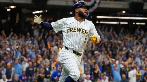 Milwaukee Brewers' Jackson Chourio reacts after hitting a home run during the eighth inning of Game 2 of a National League wild card baseball game against the New York Mets Wednesday, Oct. 2, 2024, in Milwaukee.